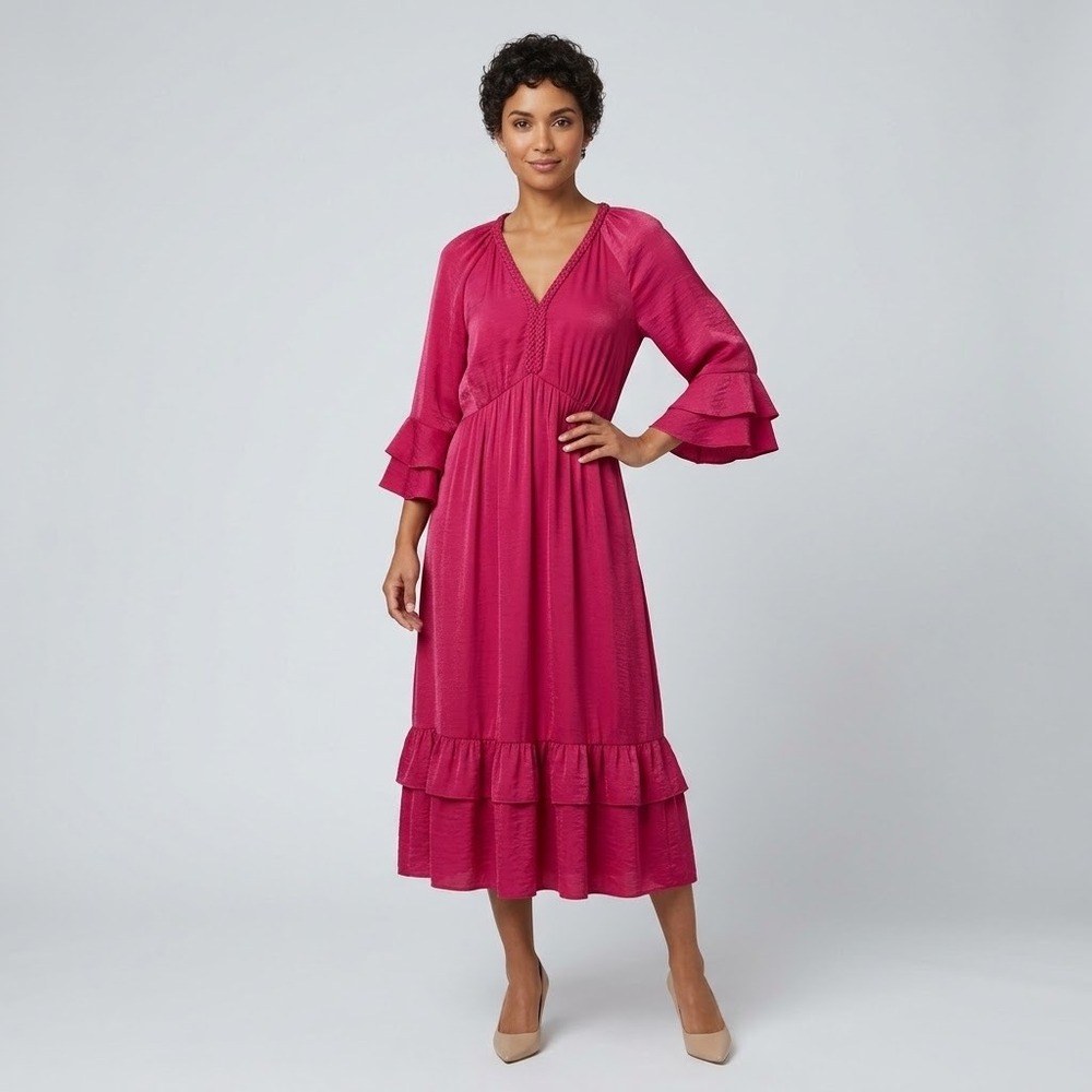 Kobi Halperin Bryant Red Braided V-Neck Ruffle Sleeve Midi Dress Size Small